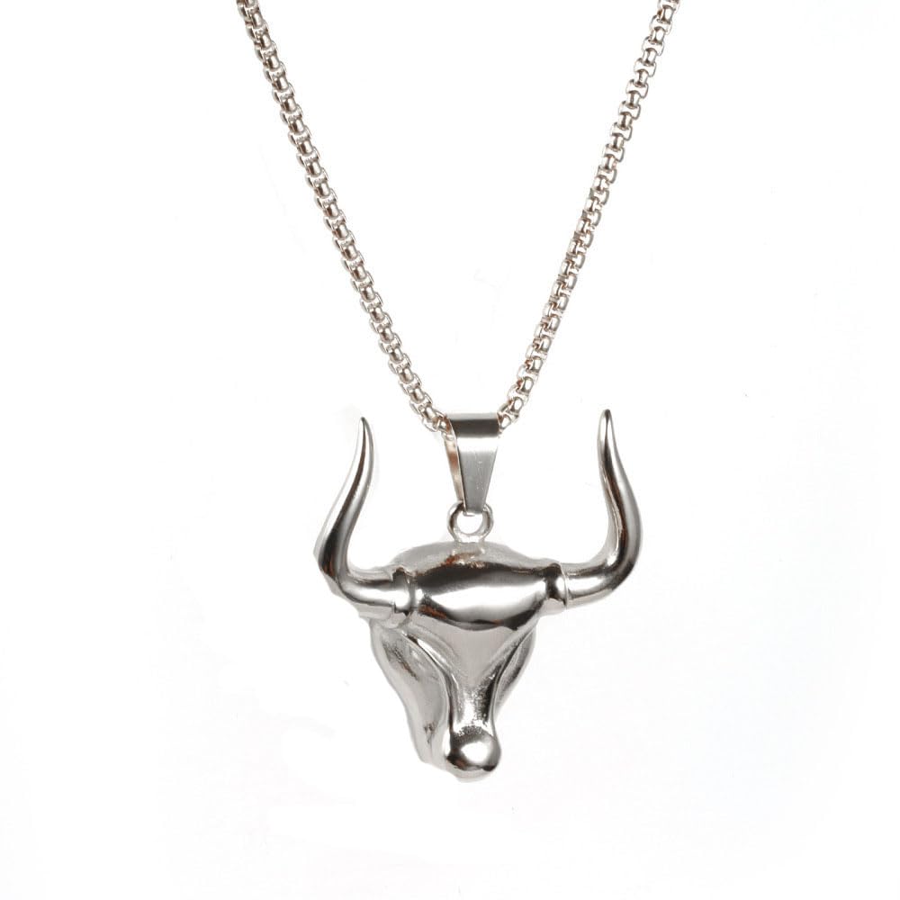 RTY Silver Ox Head Punk Bull Pendant Necklace for Men (22